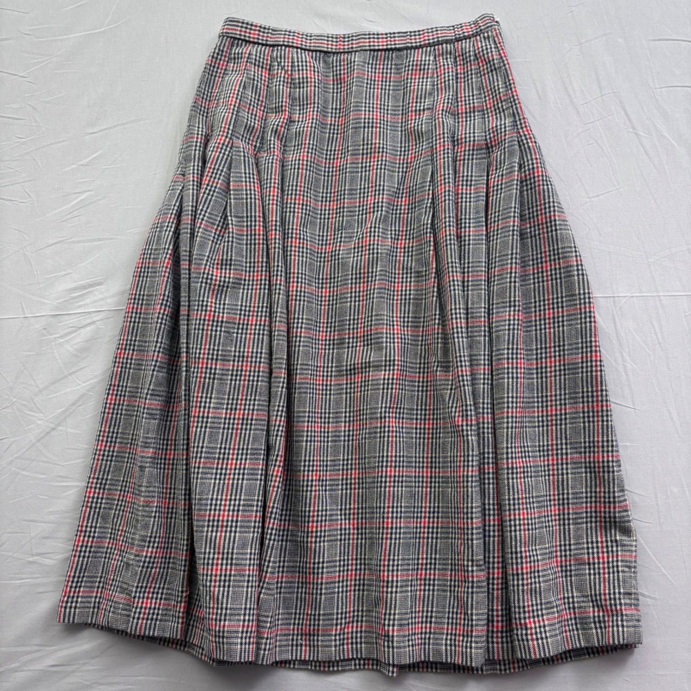 Vintage Plaid Pleated Midi Skirt Gray Red Black Check A-Line Academic 27 Waist
